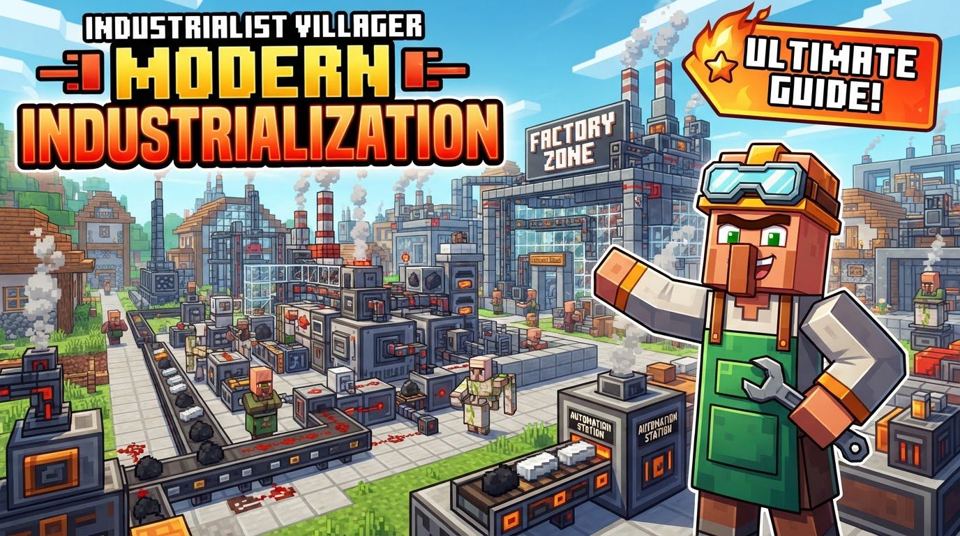An Industrialist Villager stands proudly next to a glowing Forge Hammer in a bustling Minecraft factory, surrounded by bronze machines and pipes.