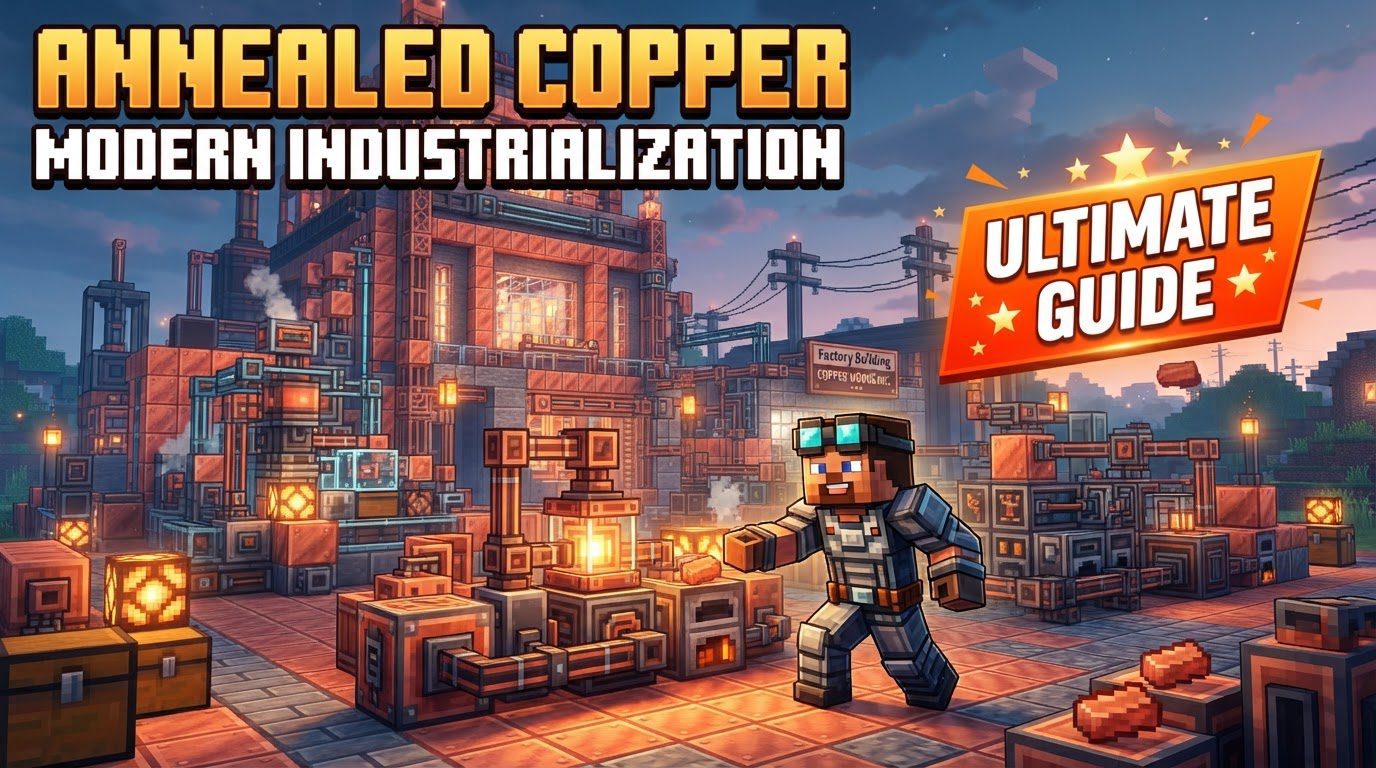 A Kanthal-tier Electric Blast Furnace actively processing copper dust and oxygen, with pipes extending to input hatches and outputting Annealed Copper ingots.