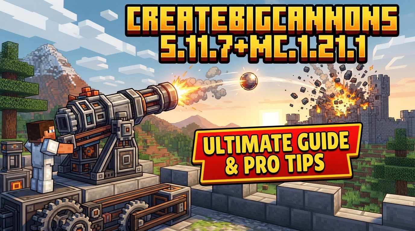 A massive multiblock cannon, powered by Create gears and shafts, aims across a Minecraft landscape towards a distant, fortified base.