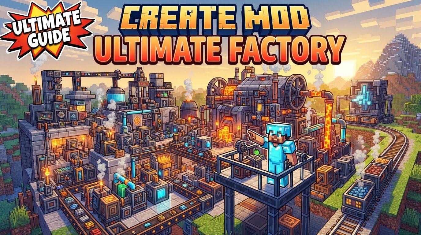 A sprawling, multi-level Minecraft factory with conveyor belts, spinning gears, and steam engines, processing various resources.