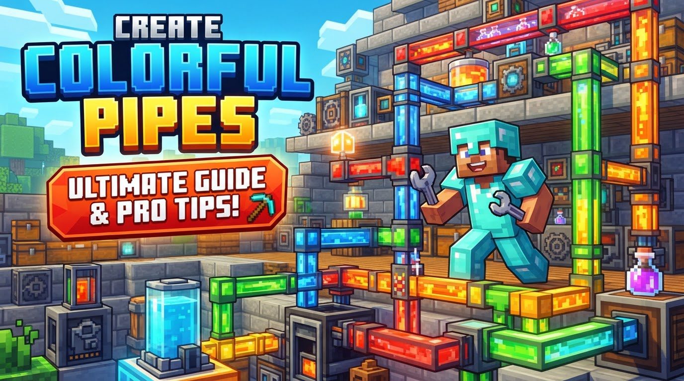 A vibrant Minecraft scene featuring both decorative stained glass pipes in various colors forming an overhead canopy, and functional modded pipes (some visibly colored) connecting several automated machines and chests on the ground.