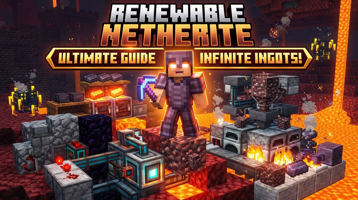 A player standing in a cleared Nether tunnel, looking at exposed Ancient Debris blocks, with a crafting table and a blast furnace nearby.
