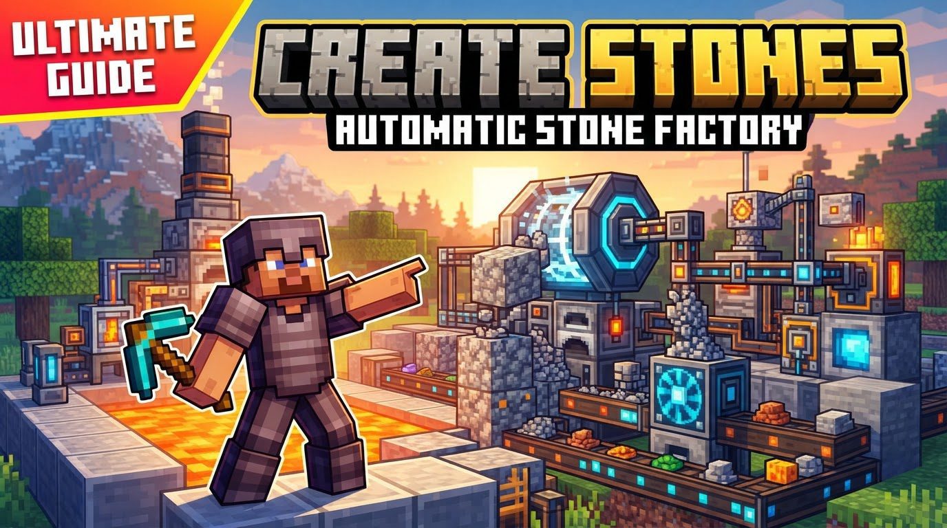An automated Minecraft Create factory with lava and water flowing into a central block, where mechanical arms pick up newly formed cobblestone and transport it to crushing wheels.
