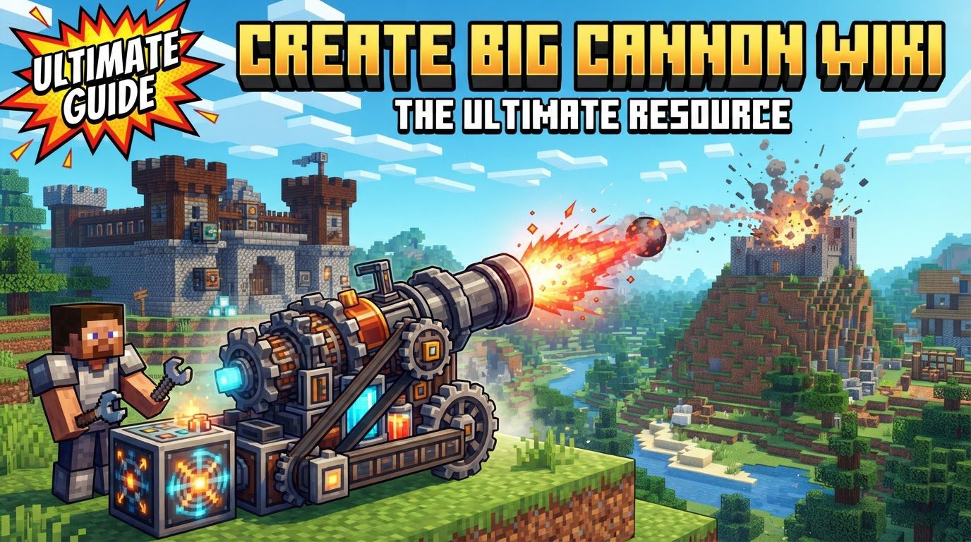 A grand, multi-block cannon from the Create mod stands ready, contrasted by a simple vanilla TNT cannon in the background.