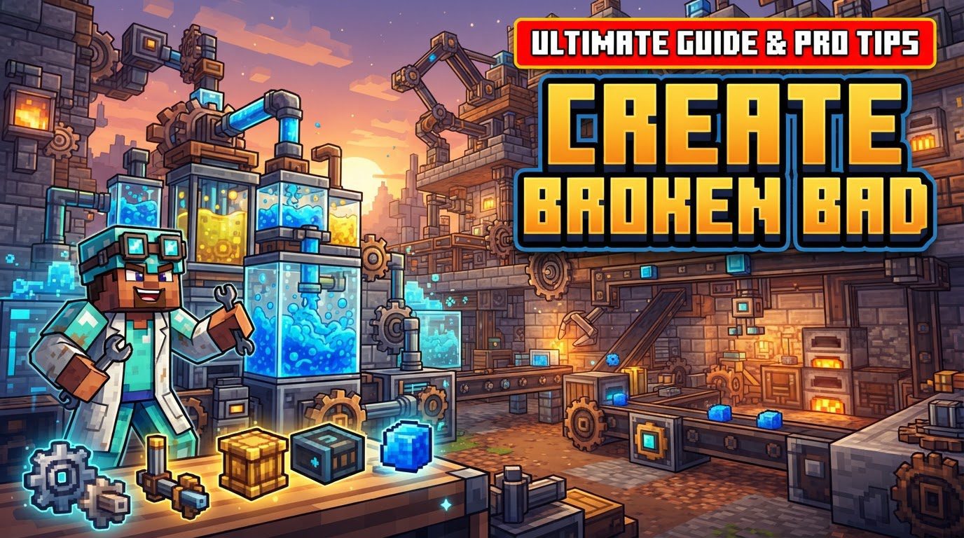 A sprawling automated factory in Minecraft, featuring Create mod machinery like conveyor belts, mechanical mixers, and crushers, actively producing substances with smoke and particles, surrounded by chests of finished product.