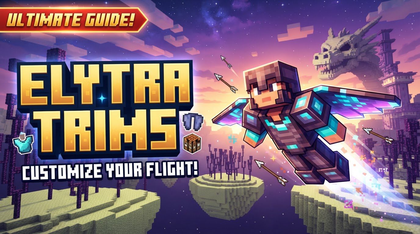 A player character soaring through the sky with a custom-designed elytra, featuring intricate armor trims, a unique dye color, and a visible banner pattern, possibly with a glowing or cosmic effect.