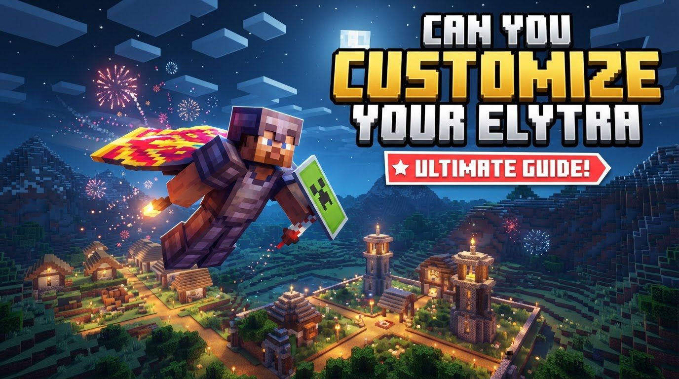 A Minecraft player character with custom-textured Elytra wings soaring over a vibrant landscape.