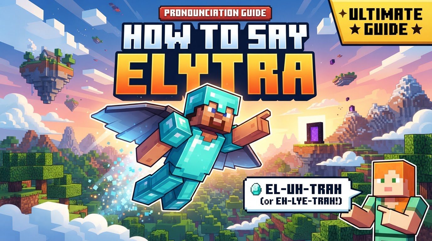 A player character gliding through the air with Elytra equipped, a vast Minecraft landscape stretching below.