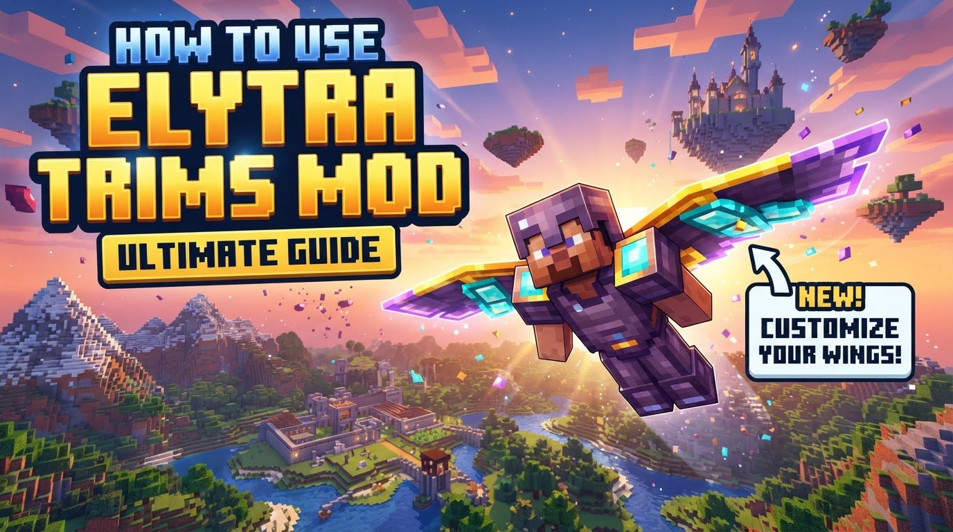 A player character flying with intricately designed, glowing elytra over a vibrant Minecraft landscape at sunset.