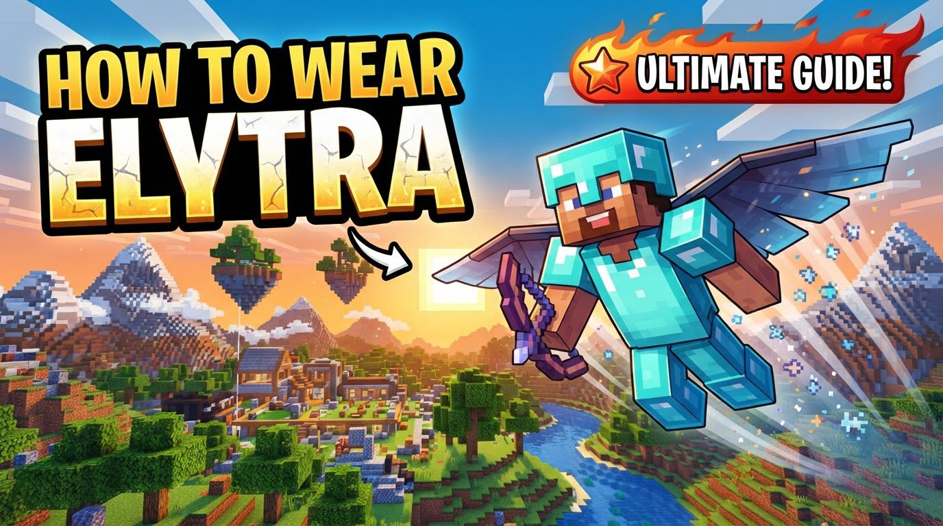 A Minecraft player character gliding through a vibrant sunset sky using an Elytra, with firework rockets propelling them forward over a sprawling landscape of mountains and forests.