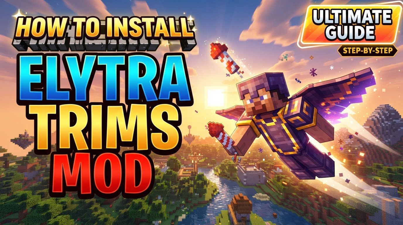 A player wearing an elytra with a golden trim and a blue dye pattern, soaring above a vibrant Minecraft landscape at sunset.