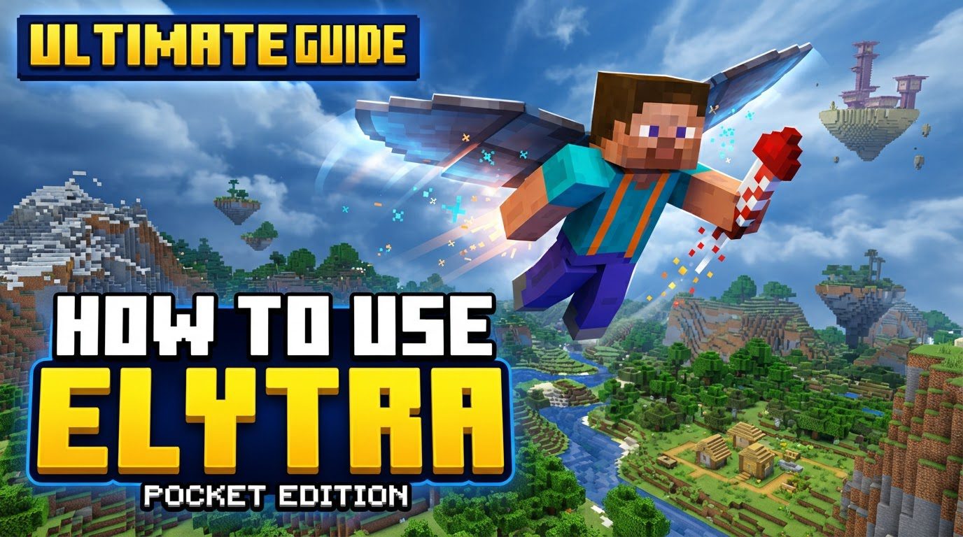 A Minecraft player wearing Elytra soaring through the sky above a lush green landscape at sunset, holding a firework rocket.