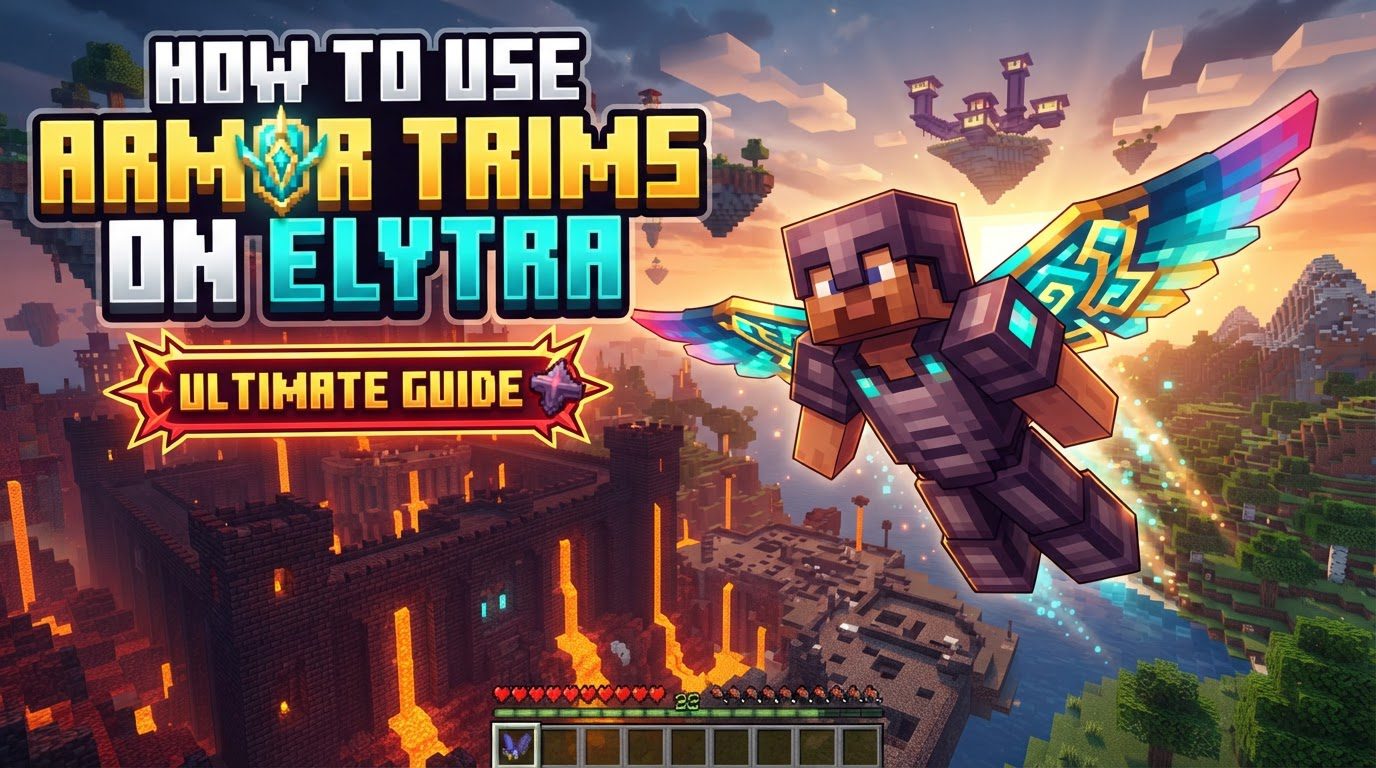 A player character with an elaborately trimmed Elytra soaring through a vibrant Minecraft sky above a lush forest.