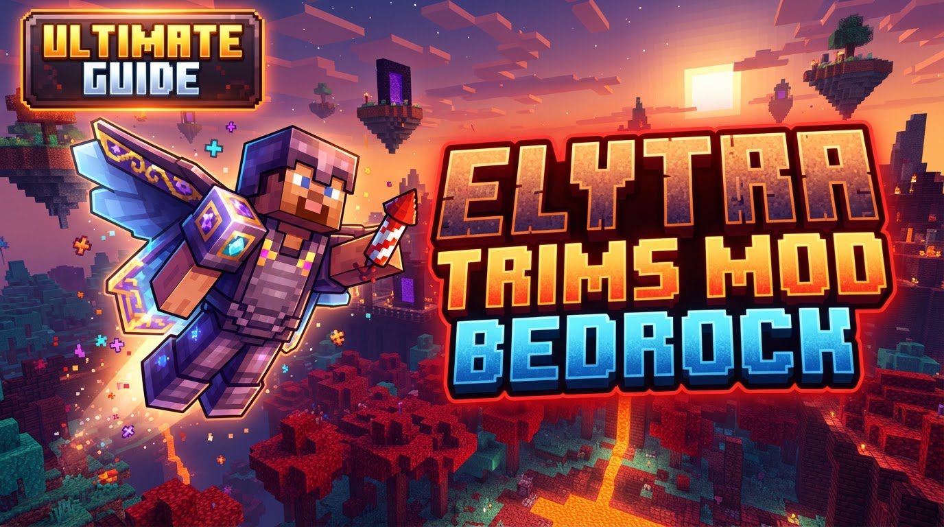 A player character in Minecraft Bedrock Edition soaring through the sky with an Elytra adorned with a detailed golden trim pattern.