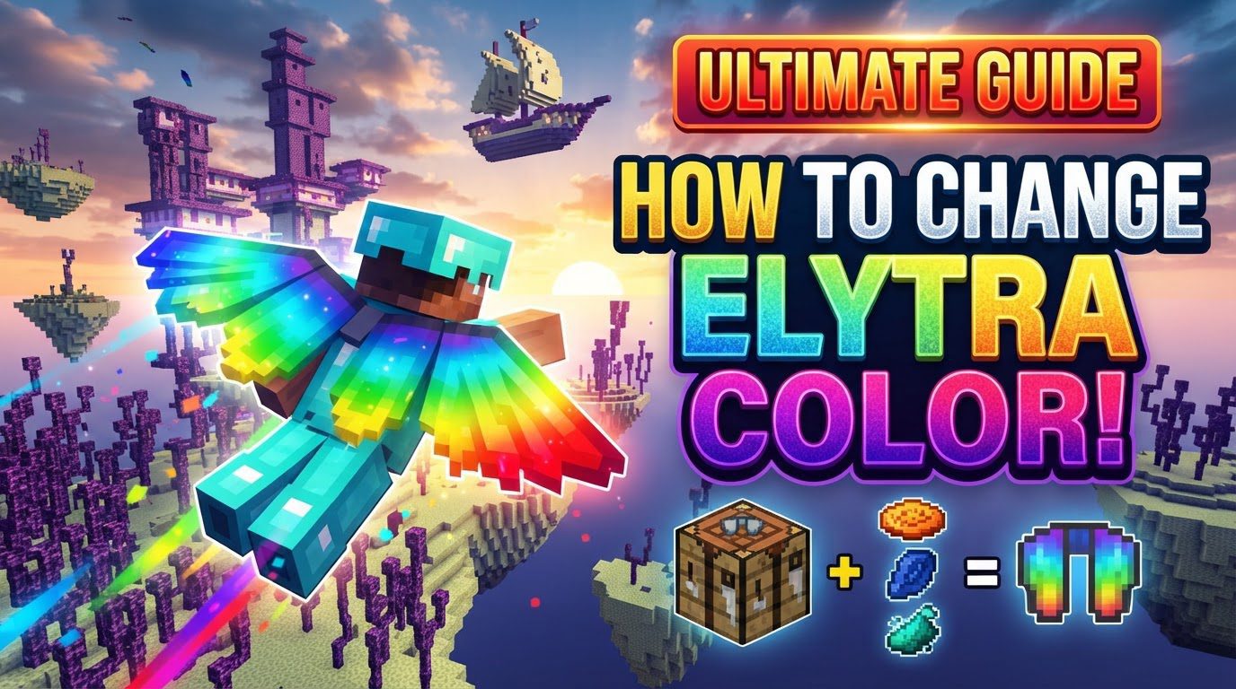 A player character flying with customized Elytra wings over a vibrant Minecraft landscape.