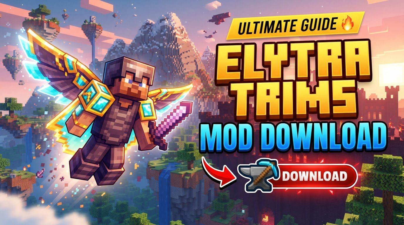A player character soaring through the sky on an elytra adorned with intricate, glowing armor trim patterns.