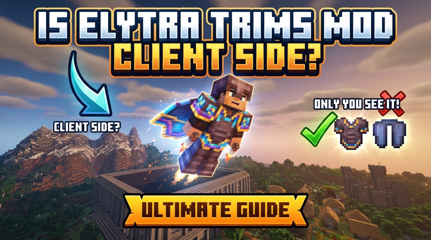 A player character in Minecraft soaring through the sky with a highly customized Elytra, featuring intricate armor trims and vibrant colors.