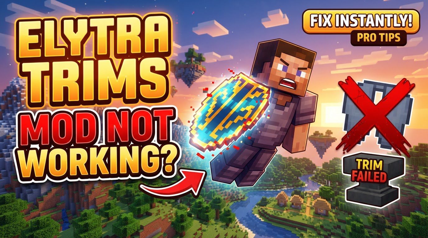 A Minecraft player soaring through a colorful sky, their elytra adorned with intricate gold trim and a vibrant banner pattern.