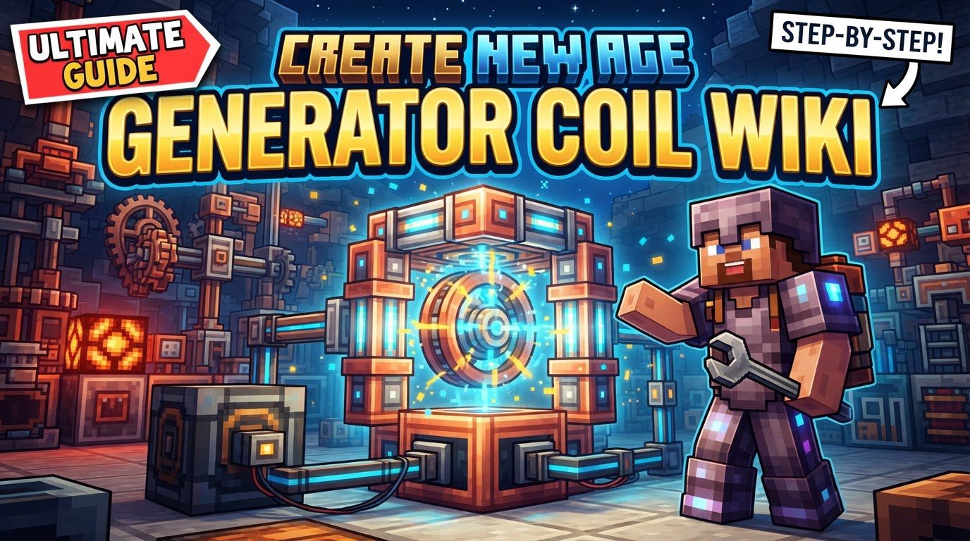 A spinning Generator Coil surrounded by luminous magnetic blocks, with a Carbon Brush collecting sparks of electricity and wires extending into the distance.