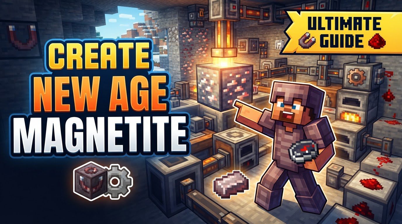 An automated Create mod factory with mechanical presses, conveyor belts, and blaze burners processing items.