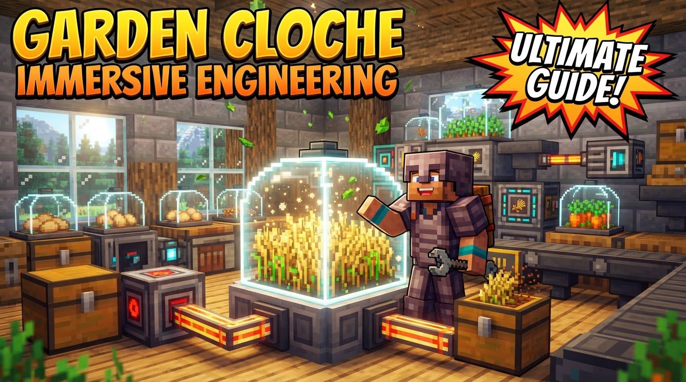 A row of Immersive Engineering Garden Cloches efficiently growing various crops, with power cables, water pipes, and item conveyors attached.