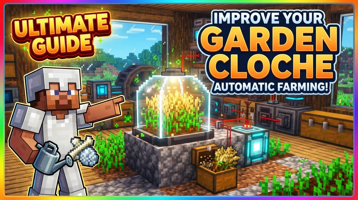 A row of Immersive Engineering Garden Cloches humming with activity, growing various crops under glass domes, connected by wires, pipes, and conveyor belts in an automated farm setting.