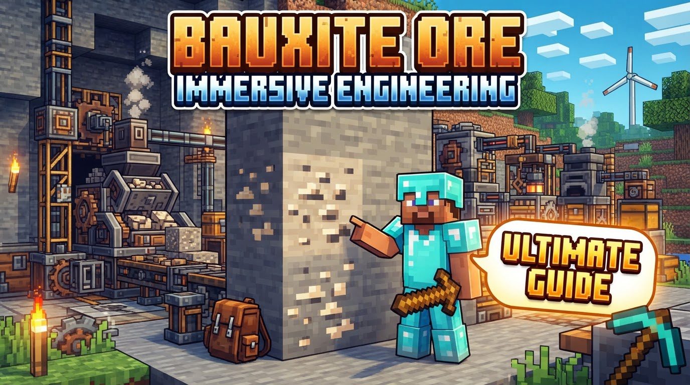 A miner holding a pickaxe, standing in a large cave with distinct brown Bauxite Ore veins visible on the walls and ceiling.