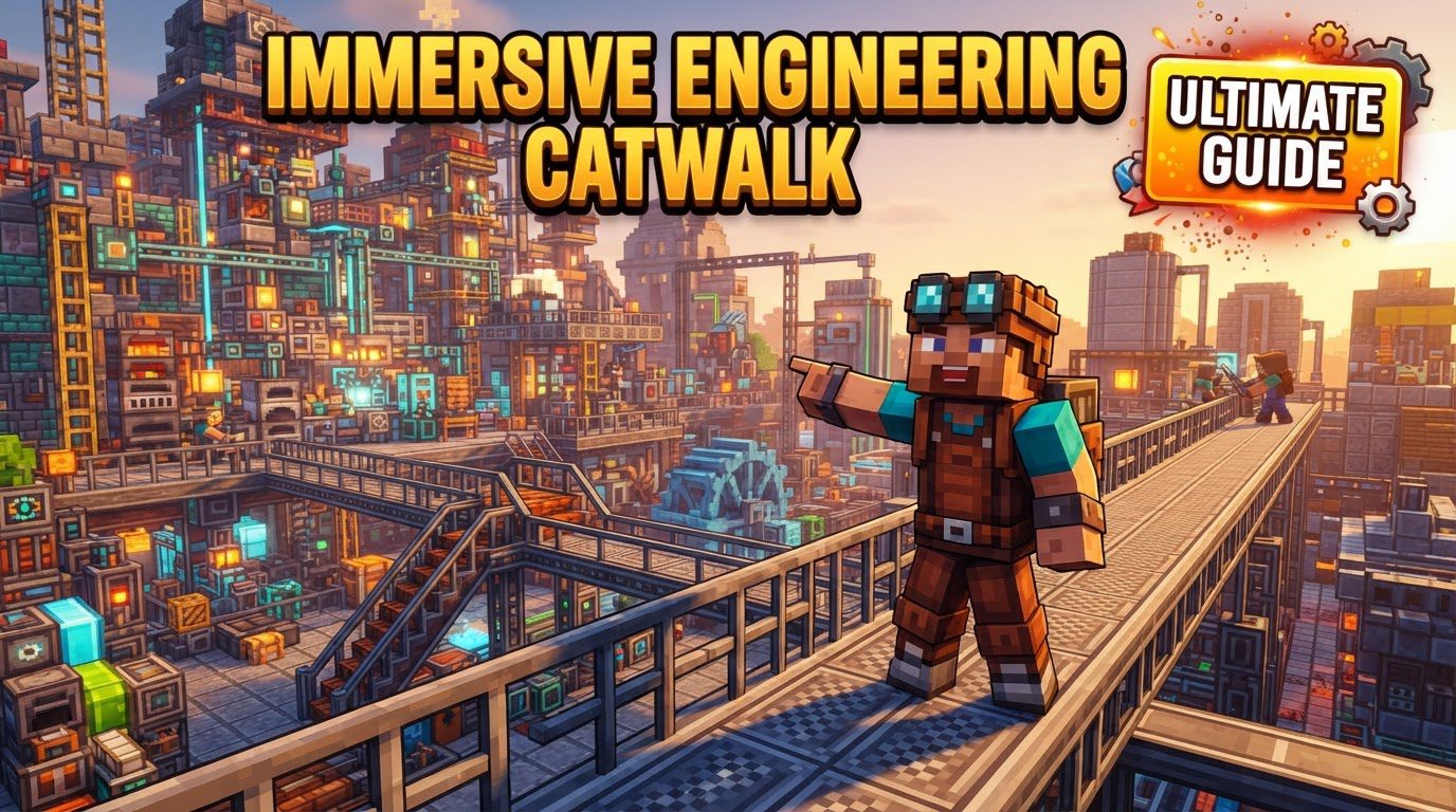 A complex industrial Minecraft factory floor with multiple levels of Immersive Engineering Catwalks, featuring railings, connecting various machines and structures under soft ambient lighting.