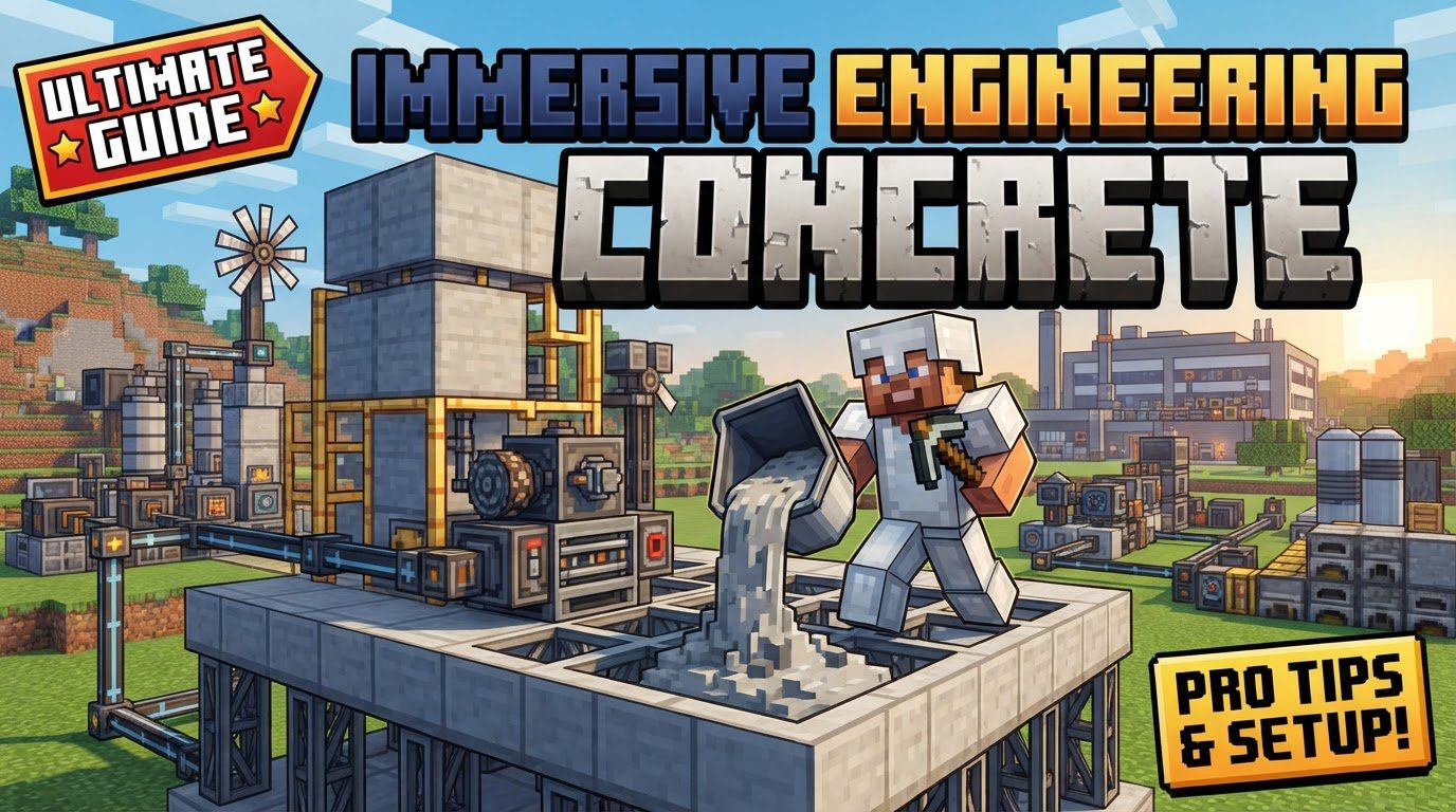 A modern industrial base in Minecraft built with Immersive Engineering concrete blocks and tiles, featuring large machines and fluid pipes.