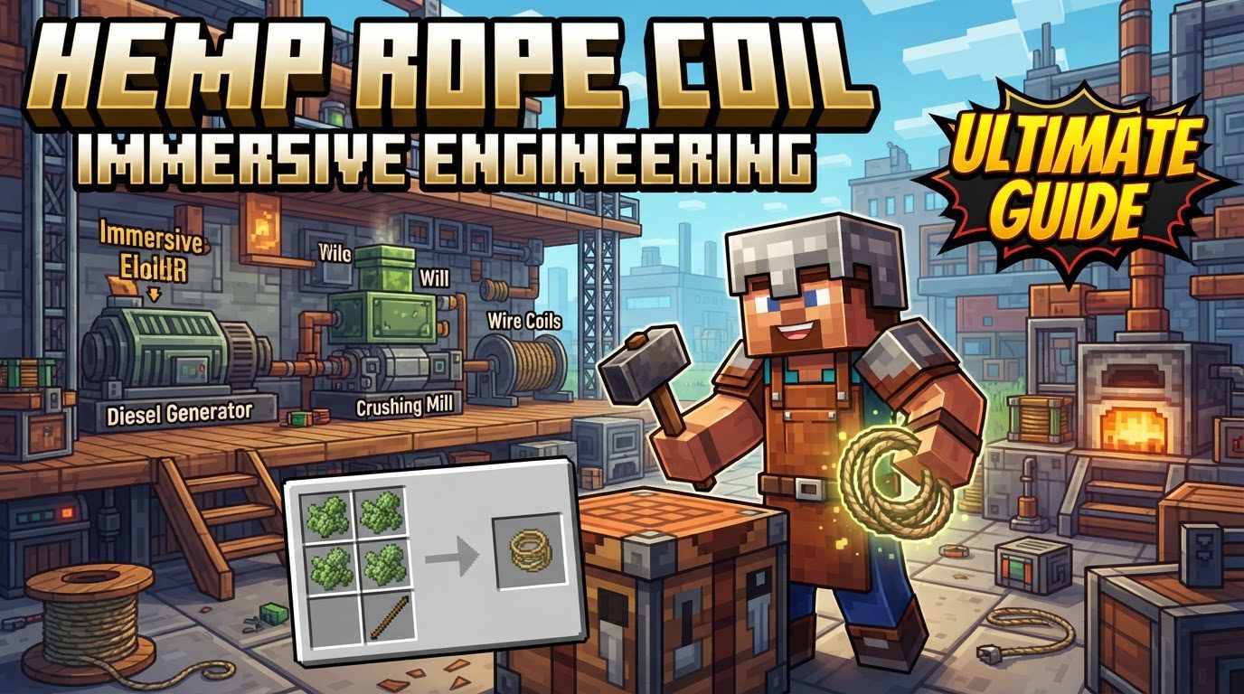 A Minecraft player sliding down a saggy hemp rope coil zip-line between two industrial-themed buildings, with other ropes visible in the background.