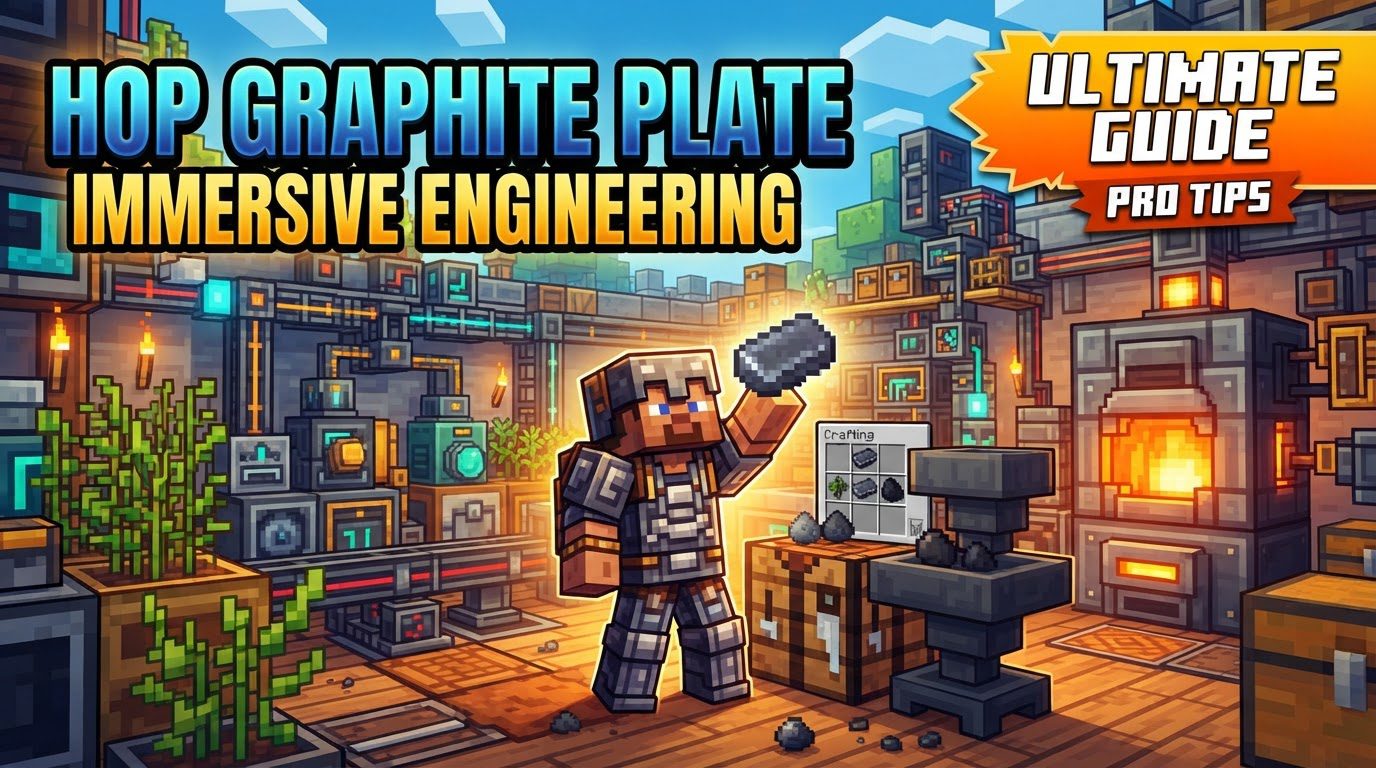 A complex industrial setup in Minecraft with Coke Ovens, Crushers, Industrial Squeezers, Furnaces, and a Metal Press working in sequence, all connected by conveyor belts and power lines, processing coal into HOP Graphite Plates.