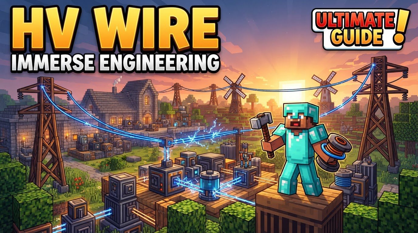 A complex network of thick, dark grey HV wires stretching between several large industrial machines and tall metal relays in a Minecraft world.