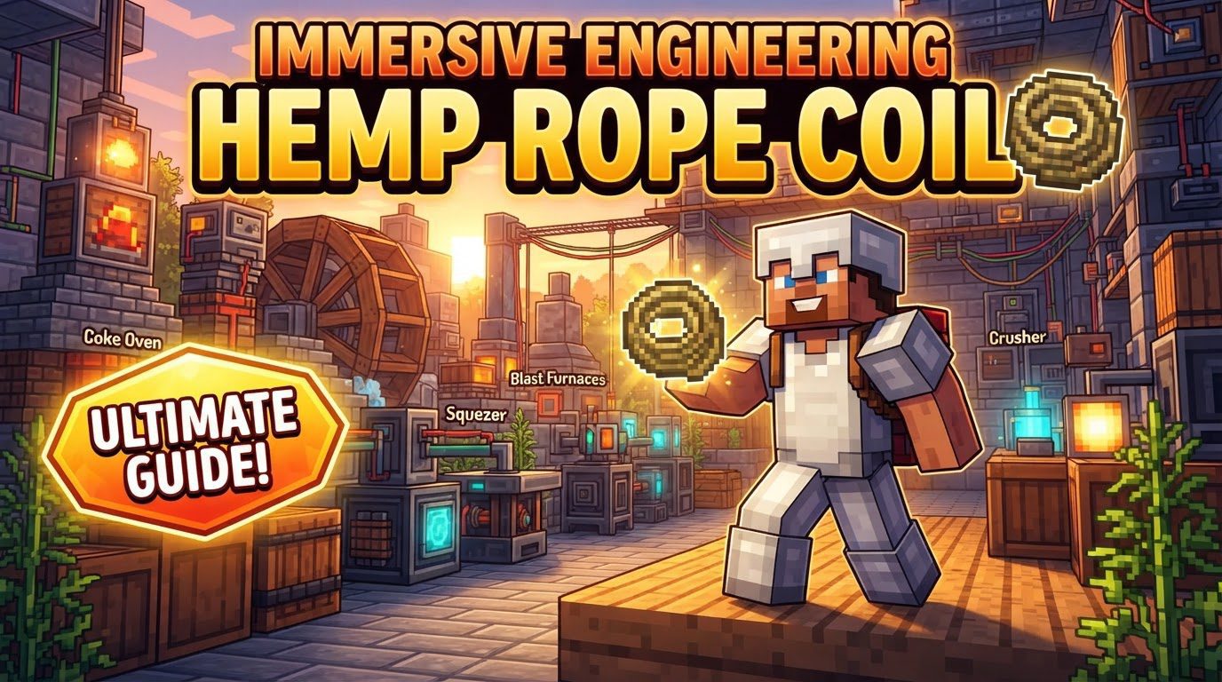 A player gliding down a long Hemp Rope Coil zipline connecting two large industrial structures in a Minecraft world.