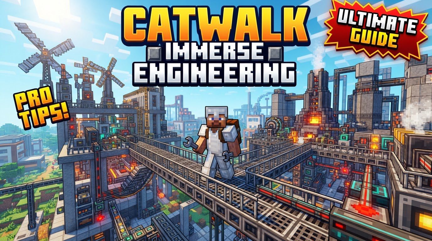 A complex industrial Minecraft factory with elevated steel catwalks connecting various machines and structures, with power lines running alongside.