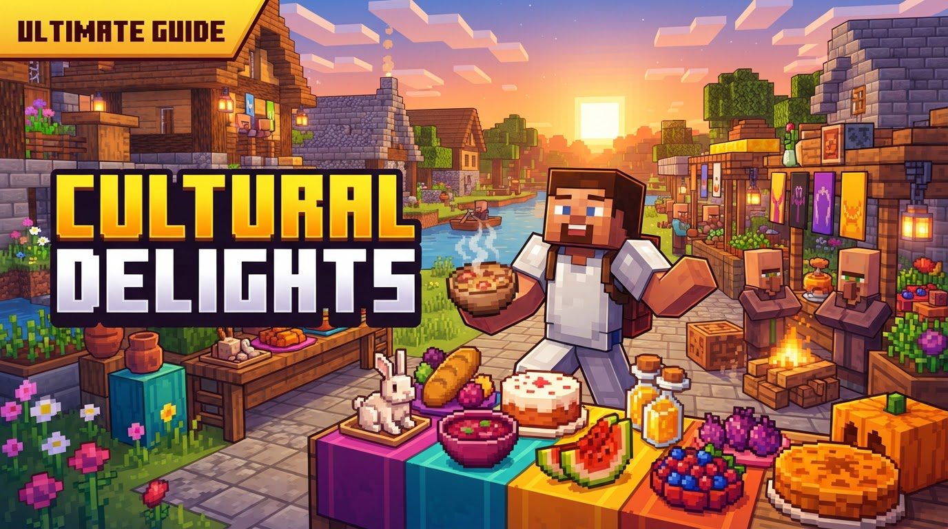 A player character standing in a well-organized Minecraft kitchen, surrounded by new crops like eggplant and avocado, with a bamboo mat on a counter displaying freshly made sushi.