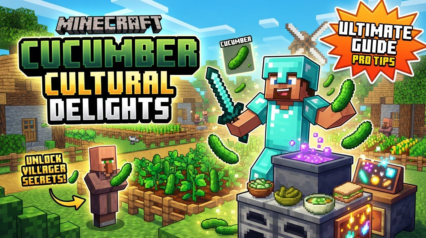 A Minecraft farm scene with various colorful crops, including green cucumber plants, next to a rustic kitchen area with cooking pots and chopping boards.