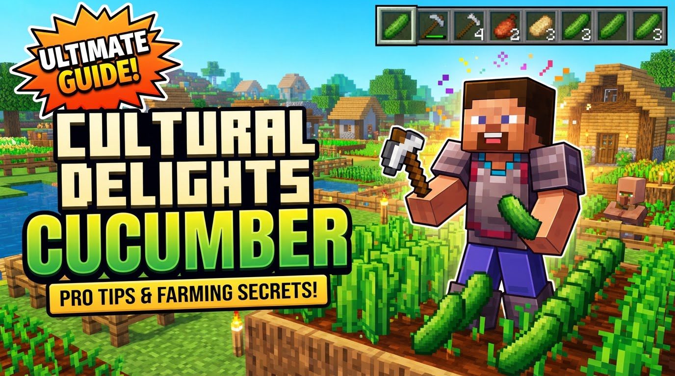 A player harvesting ripe cucumbers from a small farm plot next to a kitchen setup with a cutting board and cooking pot, surrounded by a lush swamp biome in the background.