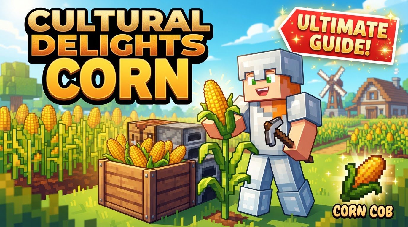A vibrant Minecraft cornfield with tall, green stalks under a clear blue sky, showing a player harvesting an upper corn block.