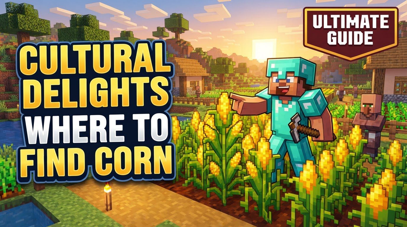 A Minecraft player standing in a field of tall, mature corn plants with a cutting board and knife visible in the foreground.