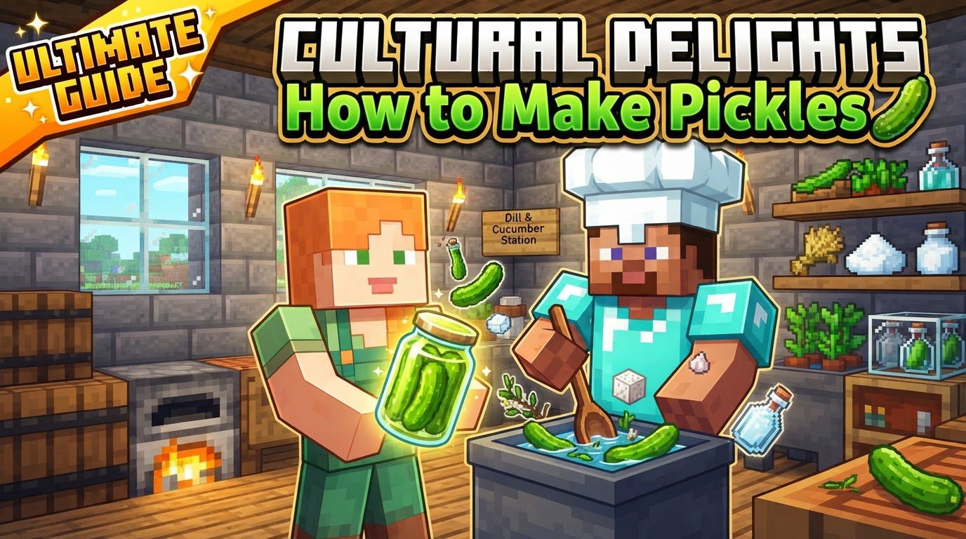 A Minecraft player stands next to a wooden Fermenting Barrel filled with green cucumbers, located near a small garden patch.