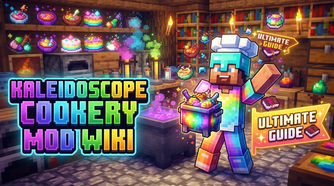 A bustling Minecraft kitchen filled with various Kaleidoscope Cookery mod blocks, including a lit stove, a spinning millstone, and a teapot brewing tea, with fresh crops on a chopping board.