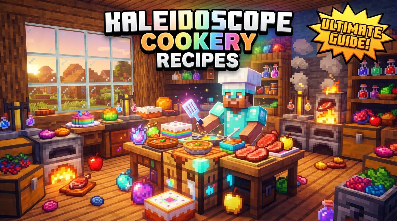 A bustling Minecraft kitchen filled with various cooking stations like a chopping board, wok, stockpot, and a stove with food being prepared.