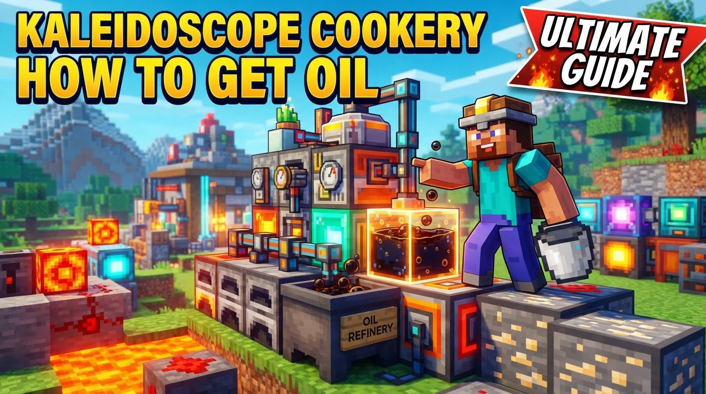 A Minecraft player standing between a Millstone grinding seeds and an Oil Pot filled with golden liquid, with a Kitchen Knife in hand.