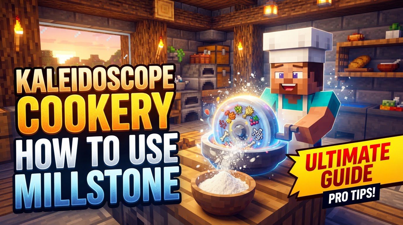 A saddled horse walking in a circle, powering a wooden millstone block in a rustic Minecraft kitchen.