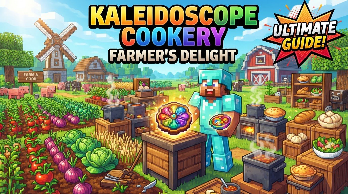 A bustling Minecraft kitchen filled with various 'Kaleidoscope Cookery' and 'Farmer's Delight' blocks, including a stove, stone mill, and steamer, with a player busily preparing ingredients.