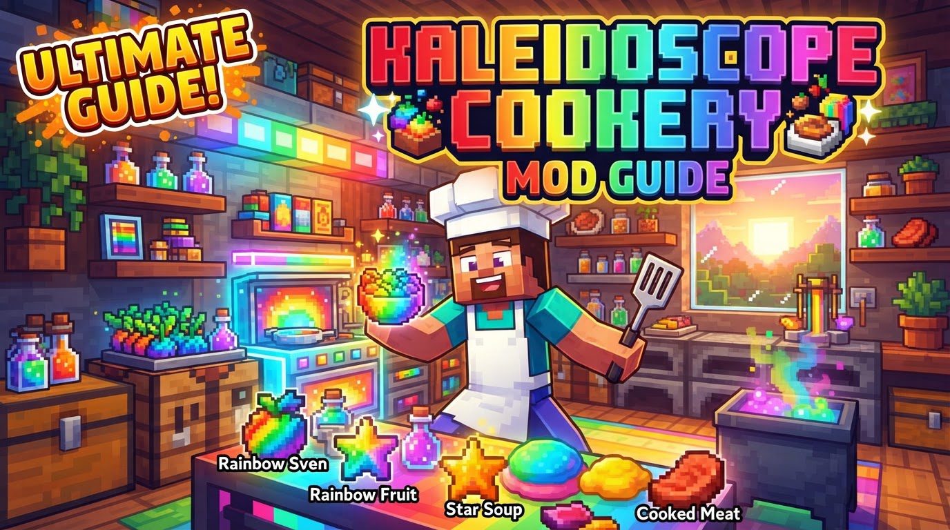 A bustling Minecraft kitchen filled with various cooking stations, fresh crops, and a chef villager tending to a stove.