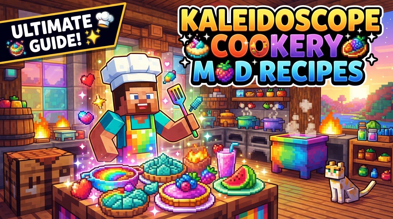 A bustling Minecraft kitchen filled with various cooking stations like a lit stove, a wok, a steamer, and an oil pot, with ingredients neatly arranged on a chopping board.
