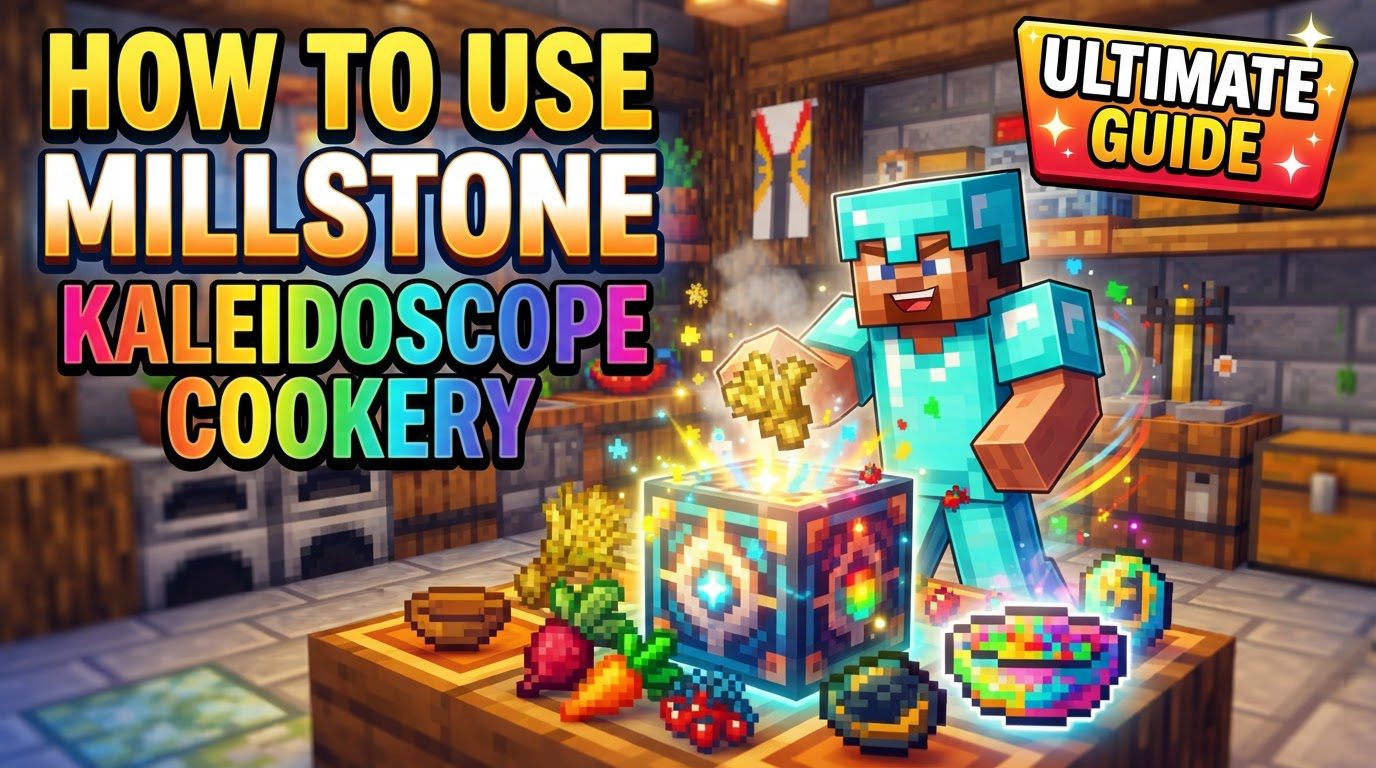 A Minecraft Millstone block being powered by a spinning water wheel, with hoppers feeding wheat into its top and collecting flour from its bottom.