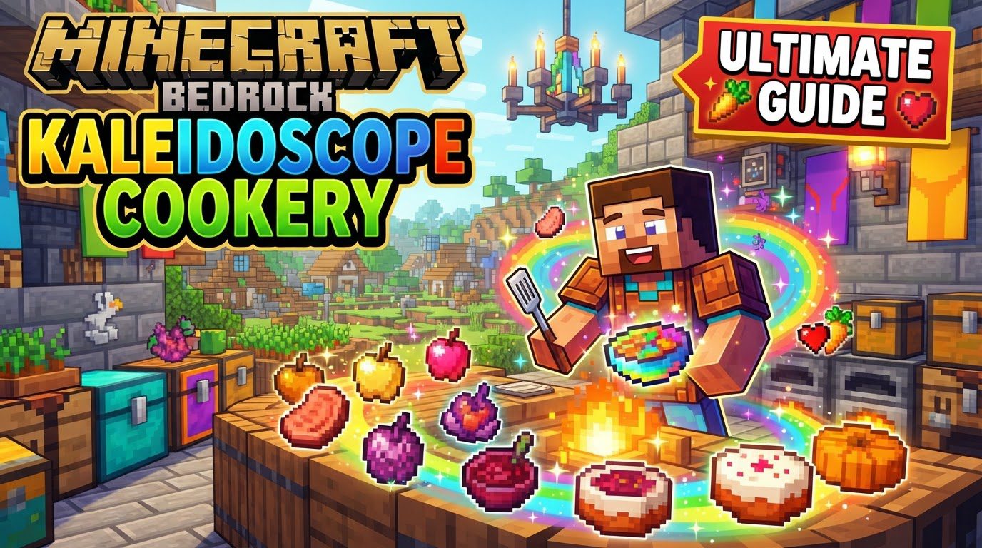 A well-equipped Minecraft kitchen with a variety of cooking stations, fresh crops, and decorative food items on a table.