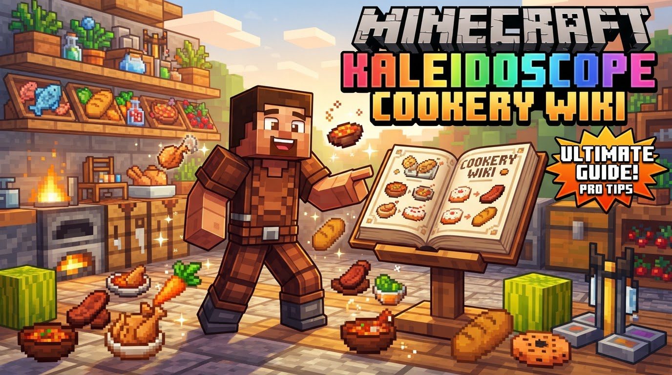 A bustling Minecraft kitchen scene with various cooking stations like a stove, stone mill, and chopping board, surrounded by new crops and ingredients.